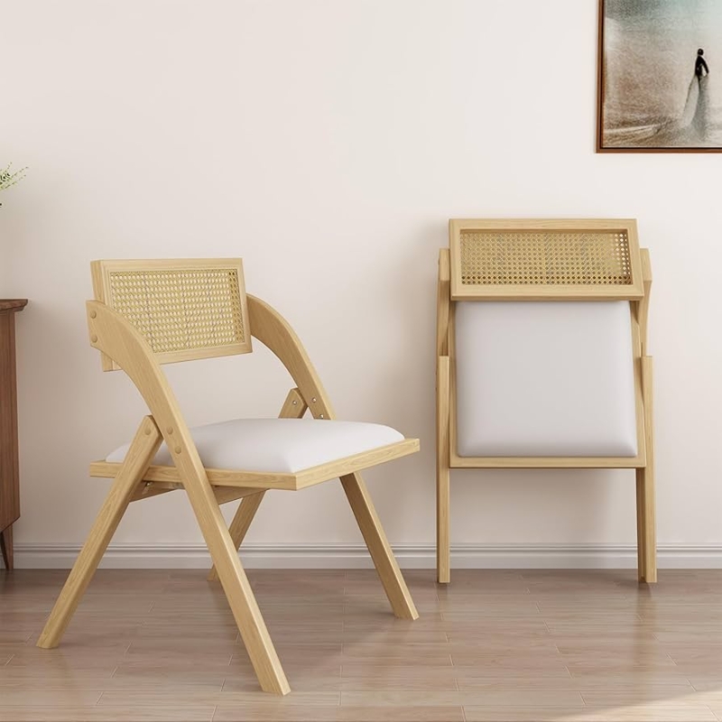 Folding Dining Chair Rattan Backrest and White Padded Cushion