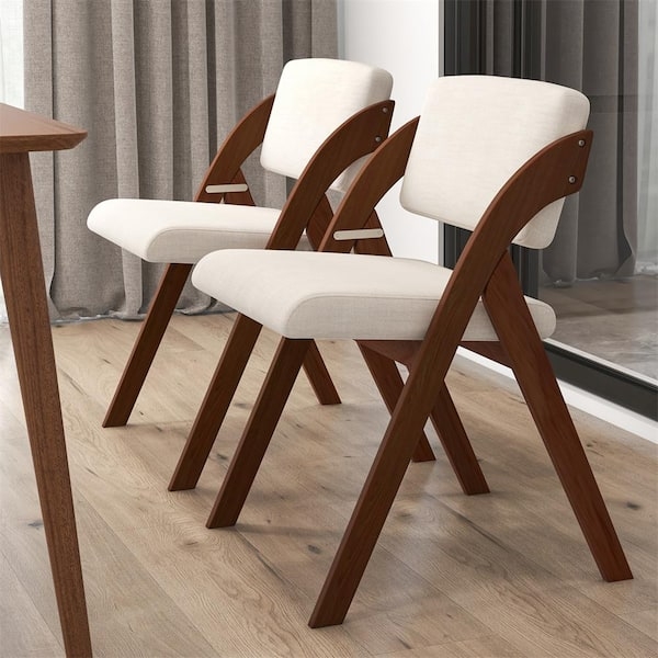 Folding Dining Chair Scissor Legs with Cream Fabric Upholstery