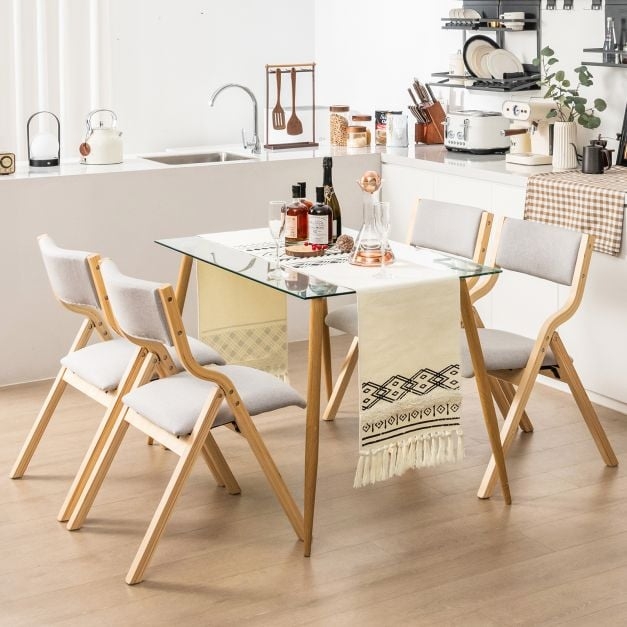 Folding Dining Chair Set Natural Wood Light Gray Padded Seat X-Frame