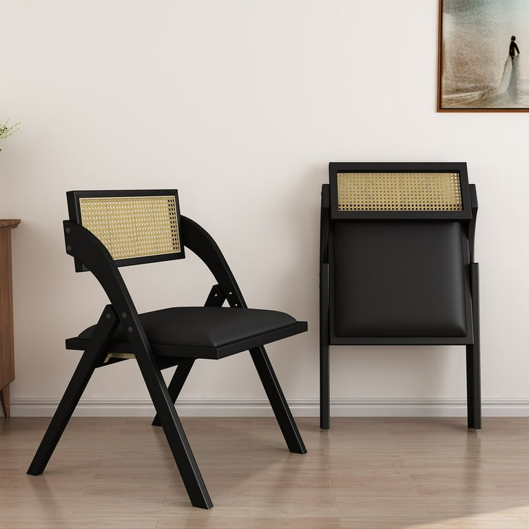 Folding Dining Chair Woven Cane Backrest with Matte Black Frame