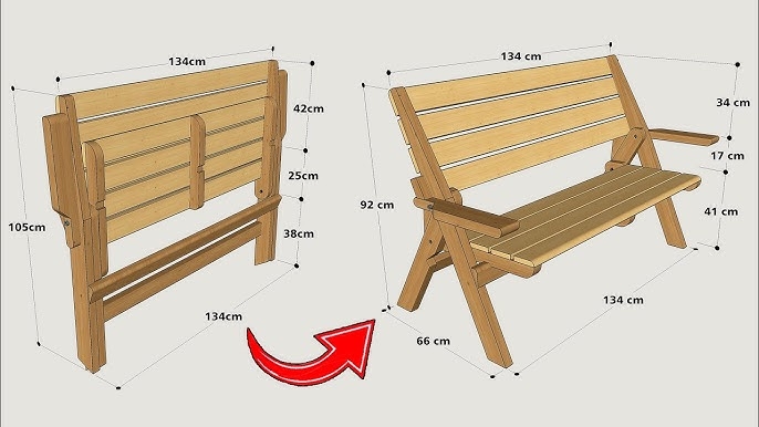Folding Garden Bench Natural Wood Slatted Seat Integrated Armrests
