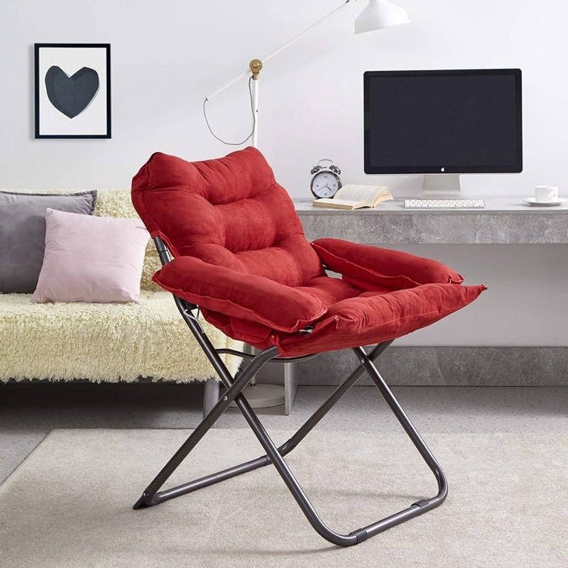 Folding Lounge Chair Crimson Red Tall Back Channeled Tufting