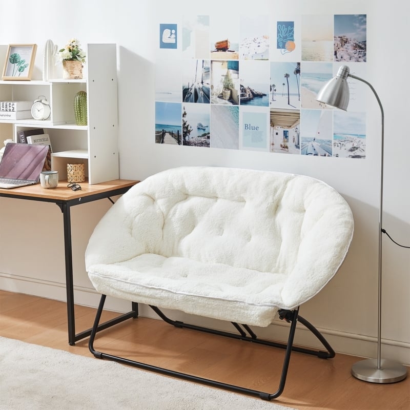 Folding Loveseat Off-White Sherpa Fabric Tufted Two-Seater