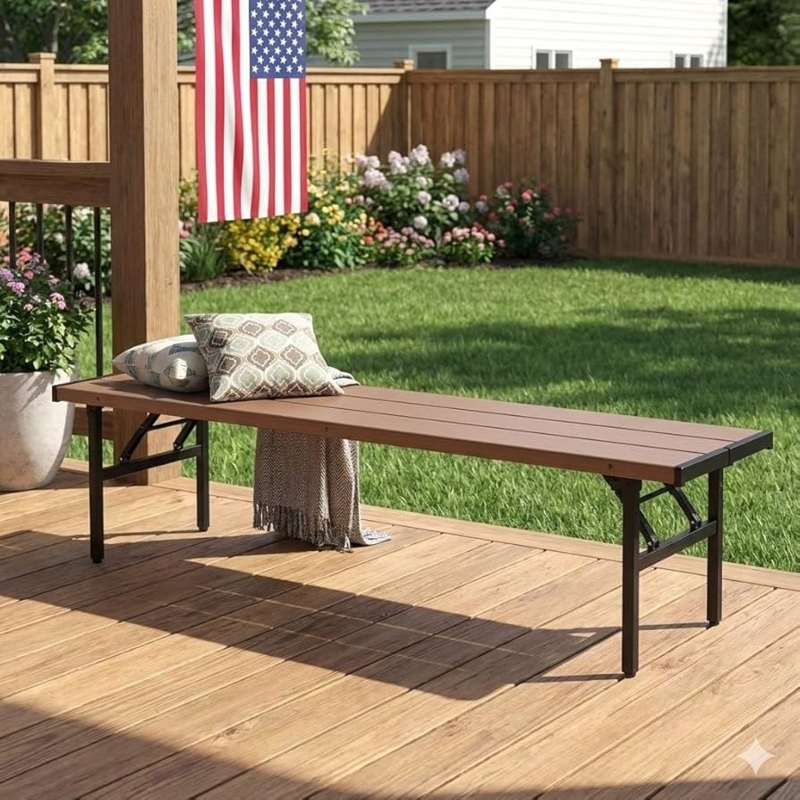 Folding Patio Bench Chestnut Brown Wood Slats Black Metal Frame