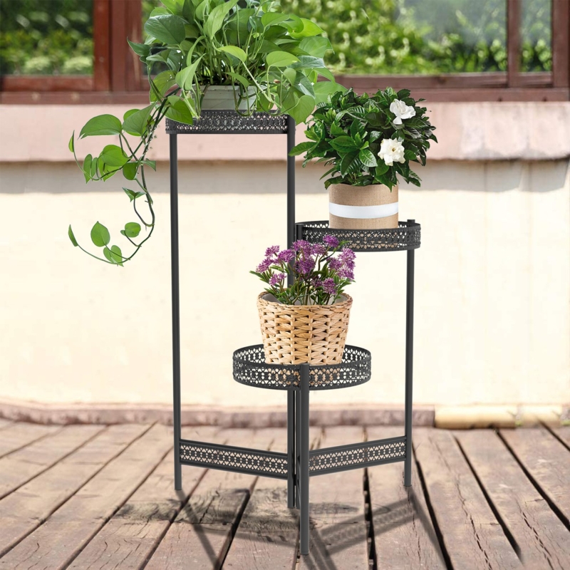 Folding Plant Stand Perforated Trays Metal Three Tier Rack
