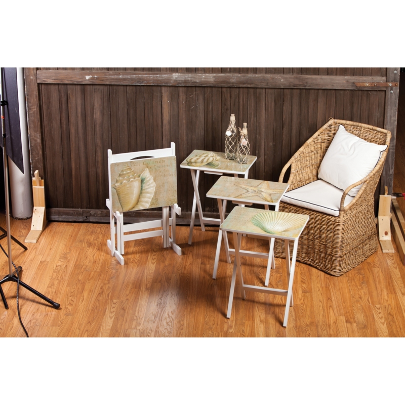 Folding Tray Set Seaside Shell Illustrations White Frames Wicker Style