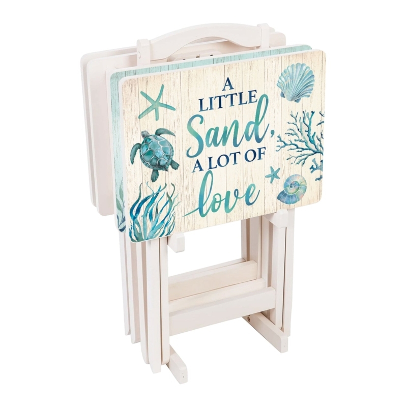 Folding TV Tray Set Sea Turtle Coral Motif Whitewashed Beach House