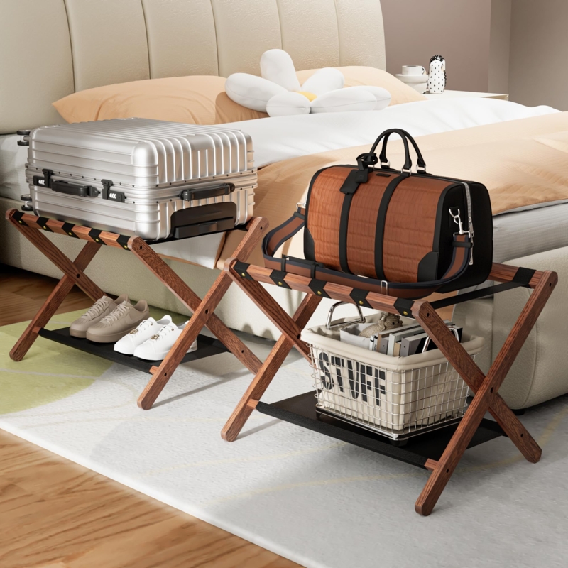 Folding Walnut Luggage Rack Set with Studded Straps and Shelf