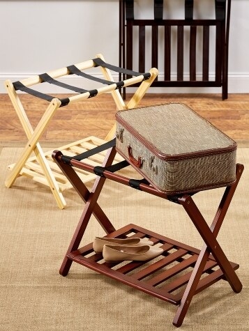 Folding Wood Luggage Rack with Slatted Bottom Shelf in Walnut Finish