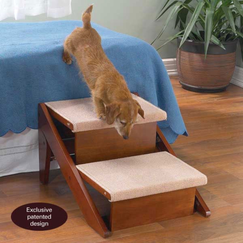 Folding Wood Pet Stairs Wide Treads Carpeted Surface Traditional