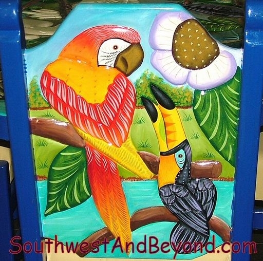 Folk Art Accent Chair: Hand Painted Mexican Parrot Motif, Cobalt Frame