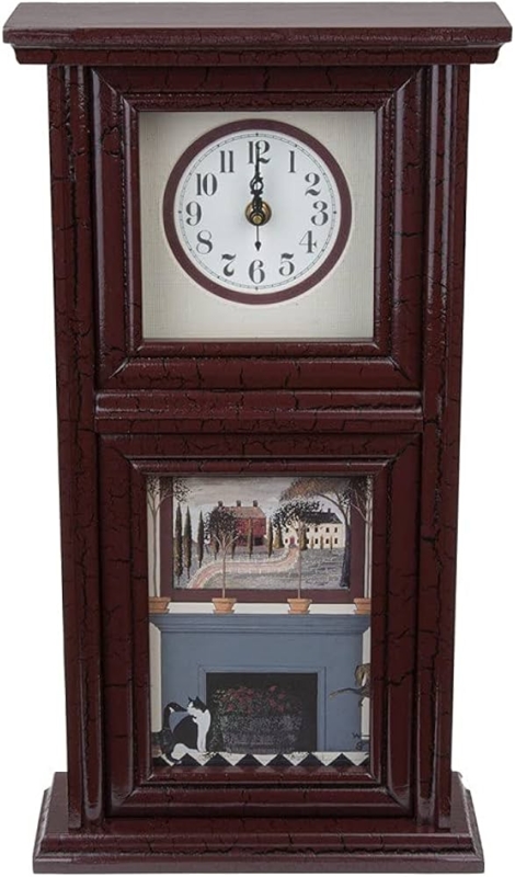 Folk Art Mantel Clock with Burgundy Frame and Illustration