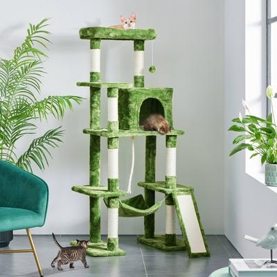 Forest Green Cat Tree Plush Biophilic Pet Furniture Ramp 63 Inch