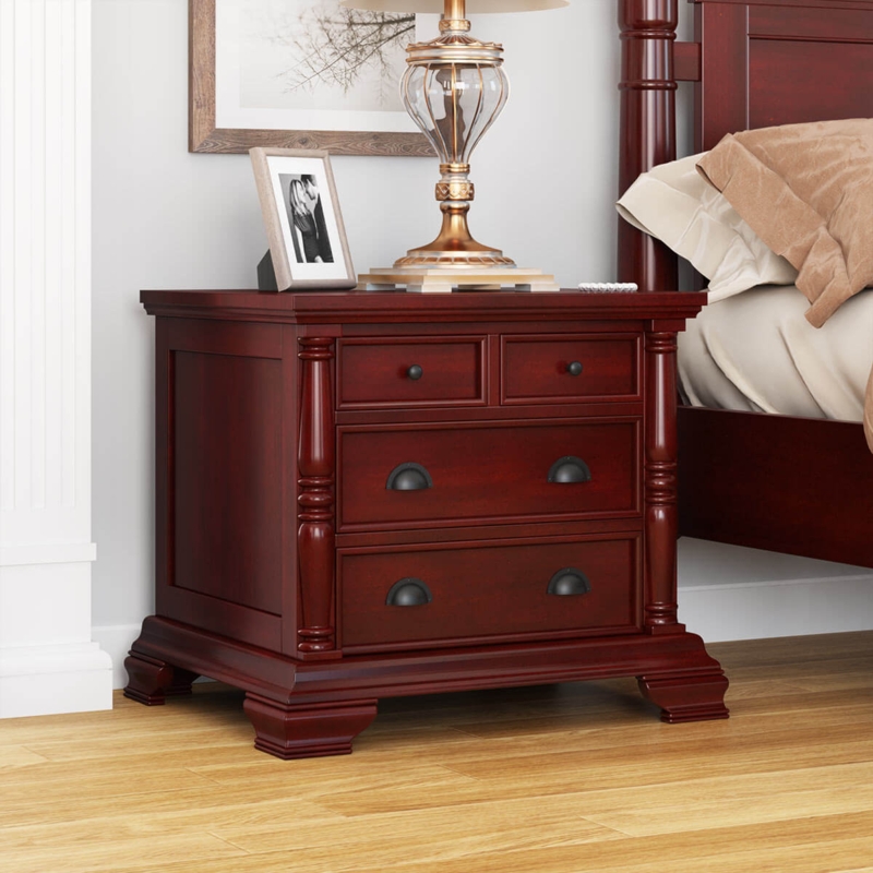 Four Drawer Nightstand with Fluted Columns and Mixed Hardware