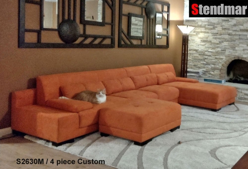 Four-Piece Modular Sectional with Button Tufting and Oversized Ottoman in Orange