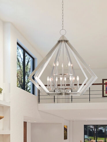 Foyer Chandelier Geometric Prism Frame 15 Light Brushed Nickel Two Tier