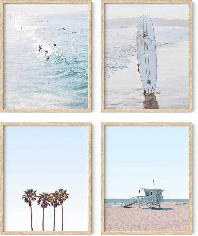 Framed Wall Art Pastel Coastal Palette Ocean Photography Palm Trees Aqua