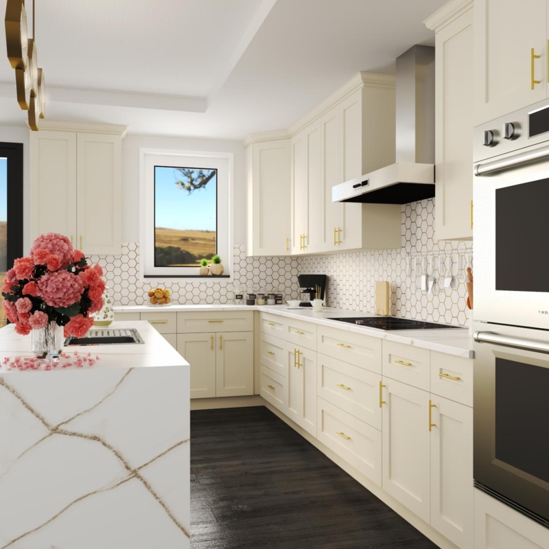 Frameless Ivory Cabinets with Cove Crown Molding and Waterfall Island