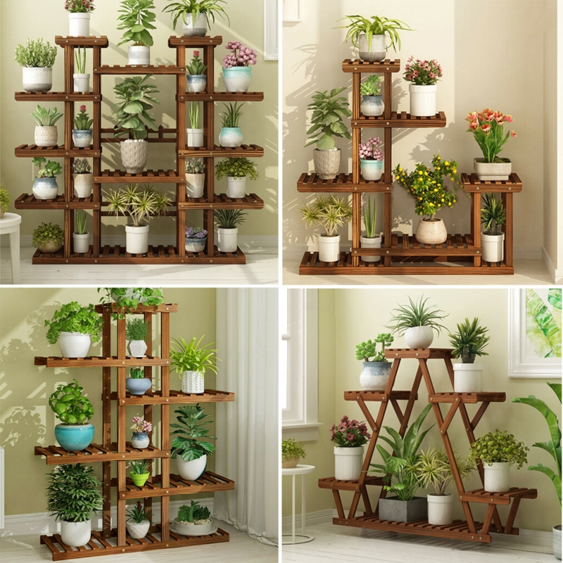 Freestanding Multi-Tier Plant Stand Slatted Wood Staggered Rustic