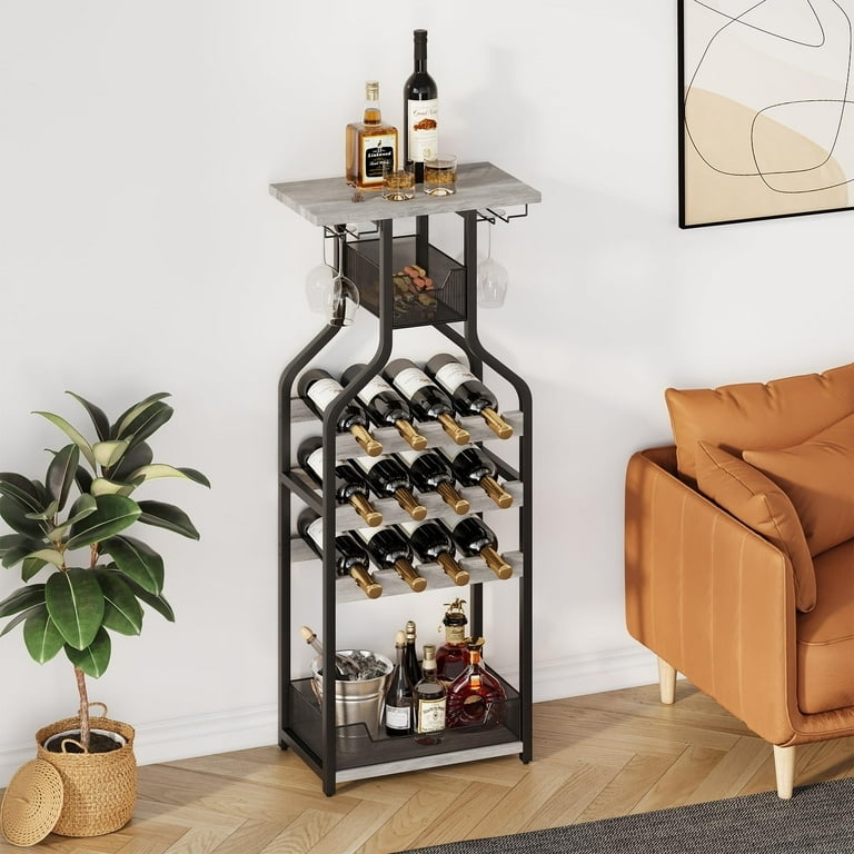 Freestanding Wine Rack Console with Curved Silhouette and Mesh Basket