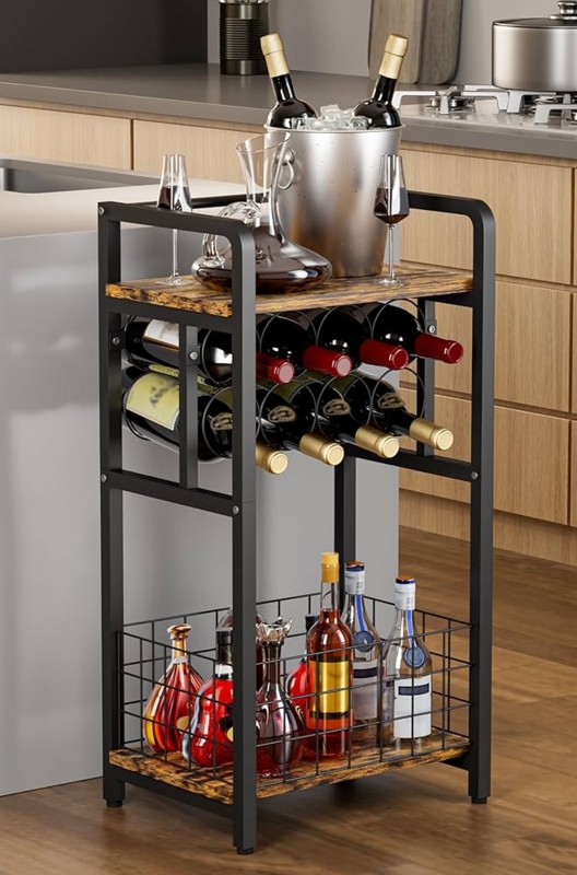 Freestanding Wine Rack with Wire Basket Storage and Top Shelf