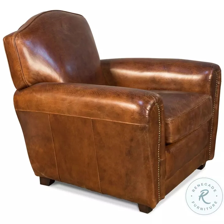 French Club Chair: Distressed Leather, Arched Backrest. Traditional Seating.