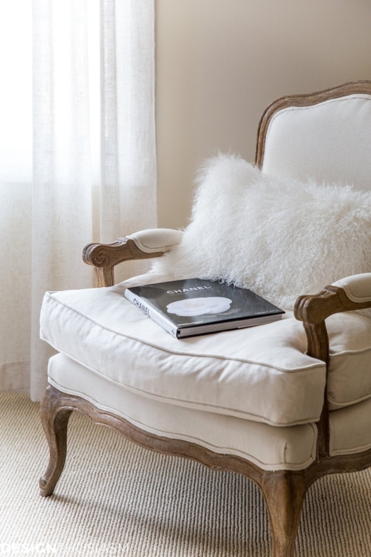 French Country Accent Chair: Weathered Wood Ivory Linen Look