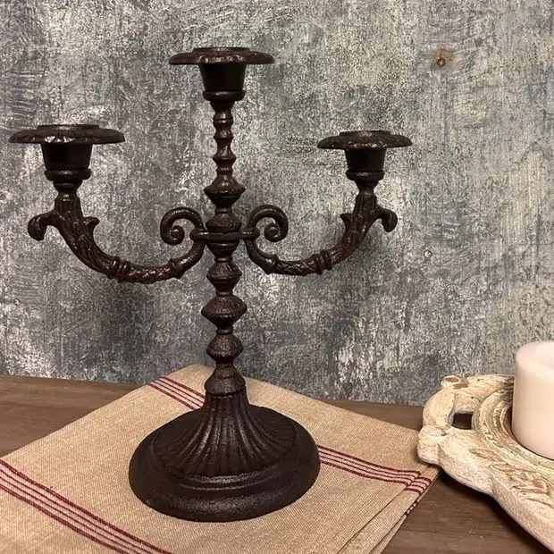 French Country Cast Iron Candelabra with Three Scrolled Arms