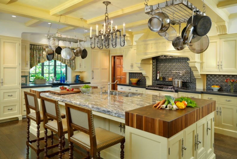French Country Island with Integrated Butcher Block & Pot Rack