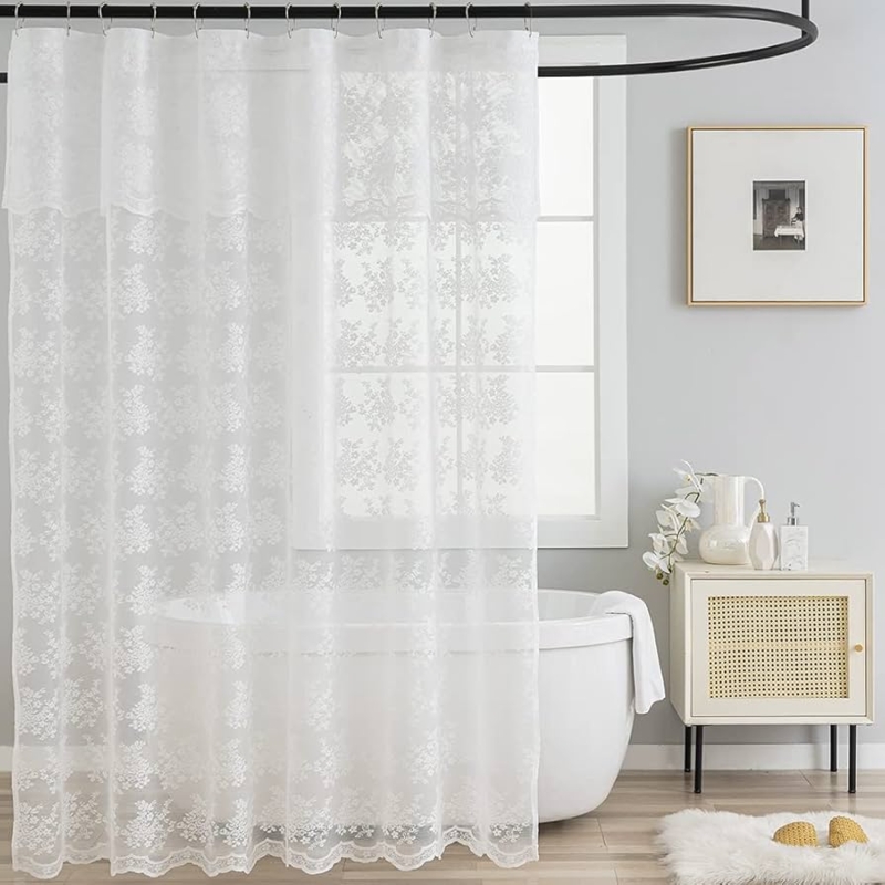 French Country White Lace Shower Curtain Valance Scalloped Floral Sheer