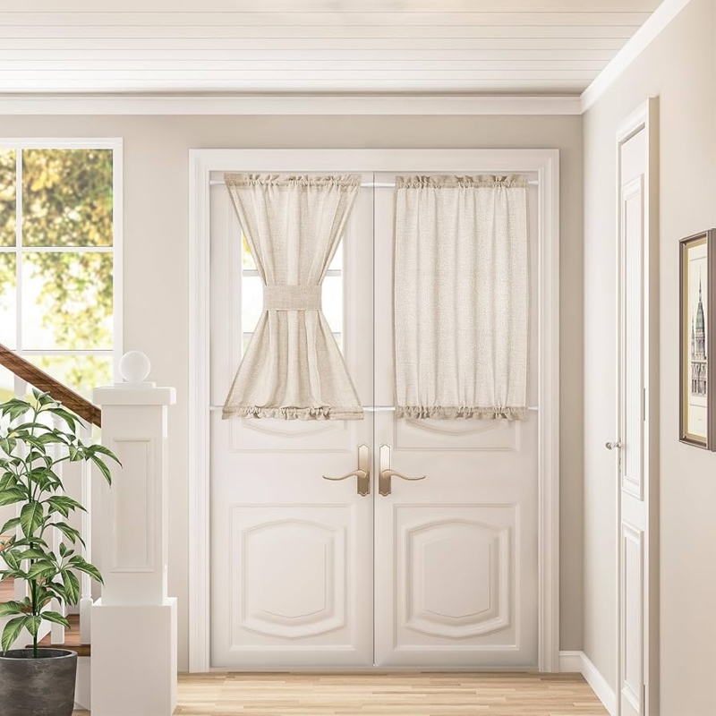 French Door Curtains Dual Rod Pocket Cinched Tieback Linen Beige Ruffle