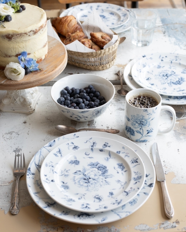 French Garden Party Plates, Blue Floral Set with Matching Mug