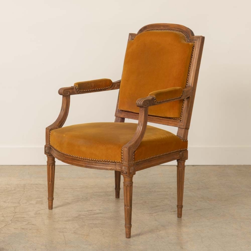 French Louis XVI Armchair with Mustard Velvet and Brass Nailheads