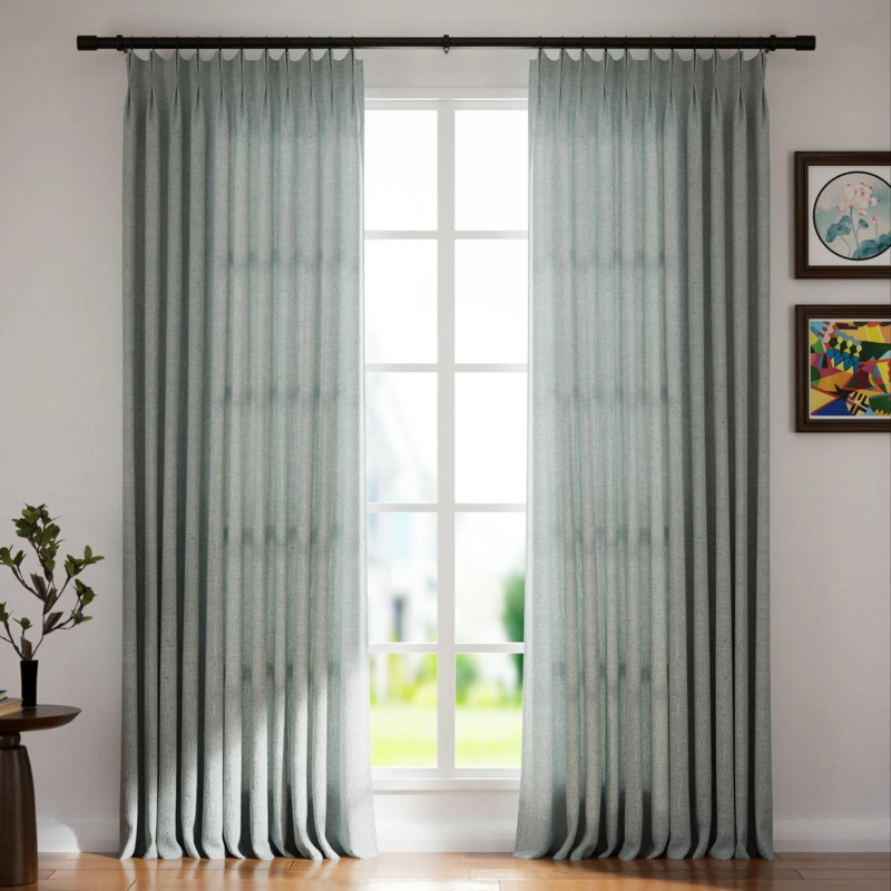French Pleat Curtains Ash Blue Triple Pinch Pleat Transitional Style