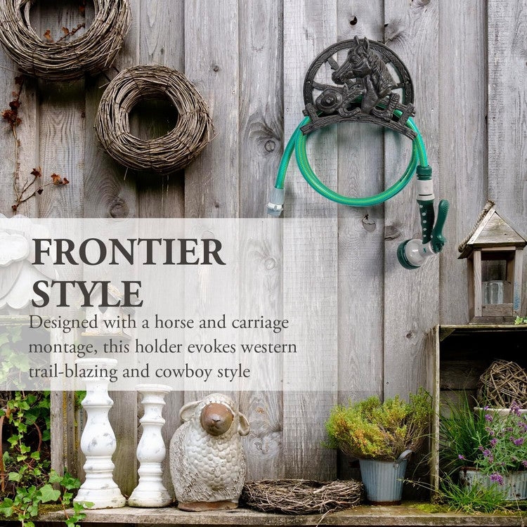 Frontier Style Hose Holder: Matte Black Horse Carriage Motif Design