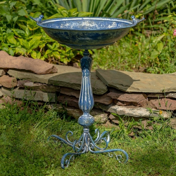 Frosted Blue Metal Birdbath Pedestal with Cast Iron Bird Accents