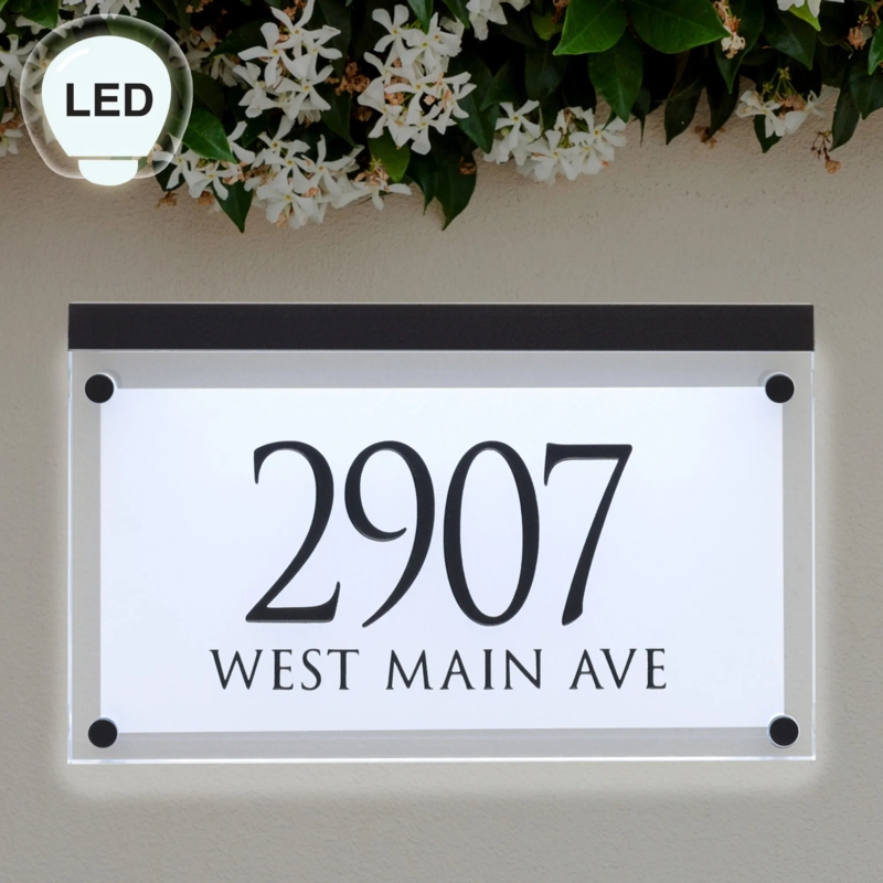 Frosted Panel LED Address Plaque, Black Standoff Mounts, Serif Font