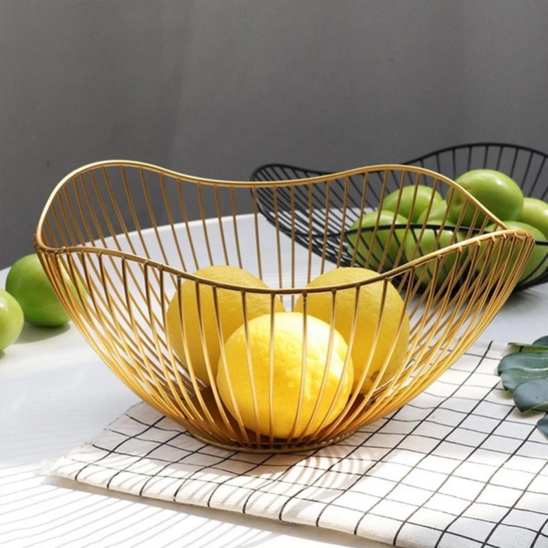 Fruit Basket Polished Gold Undulating Rim Wire Sculptural Iron Art