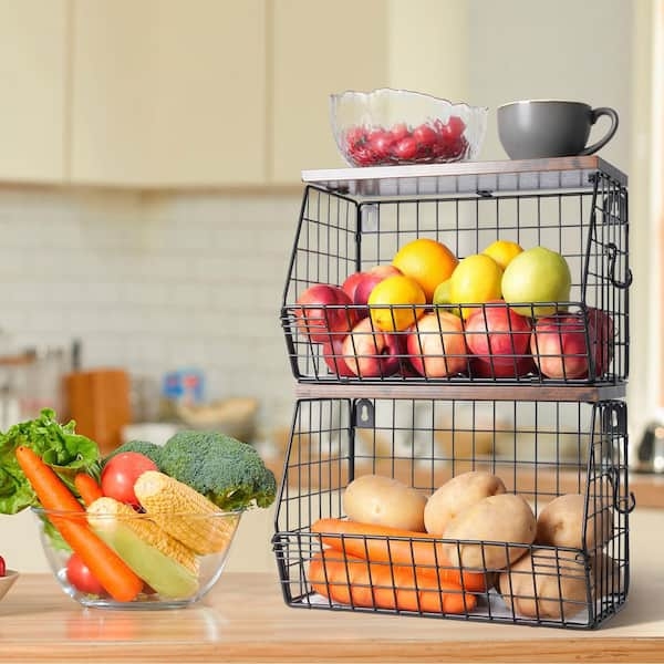Fruit Basket Stackable Dual Tier Wood Lid Side Hooks Black Metal