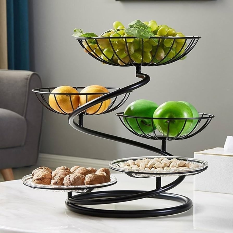 Fruit Basket Stand Spiral Frame Five Tier Glass Trays Sculptural