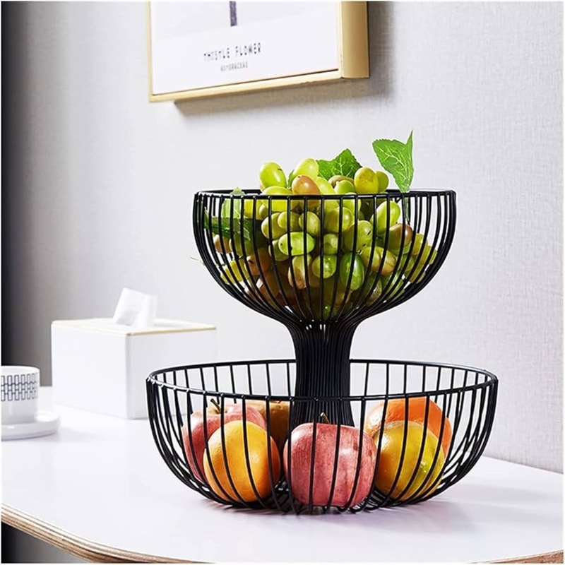 Fruit Basket Two Tier Matte Black Wire Sculptural Base