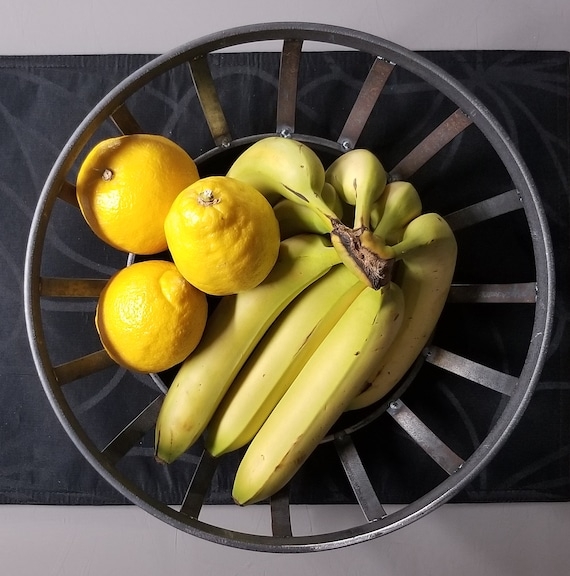 Fruit Basket Weathered Metal Riveted Industrial Slats Farmhouse