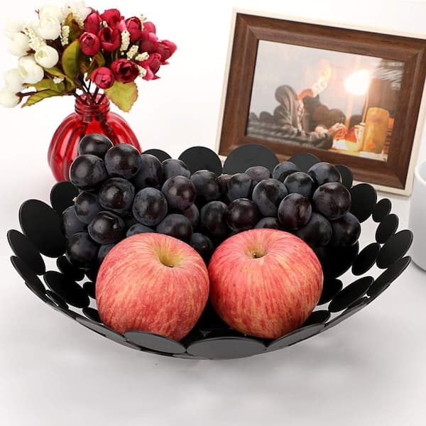 Fruit Bowl Matte Black Geometric Circular Cutouts Scalloped Edge