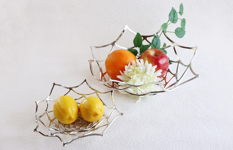 Fruit Bowl Metallic Silver Geometric Mesh Flexible Structure Japanese