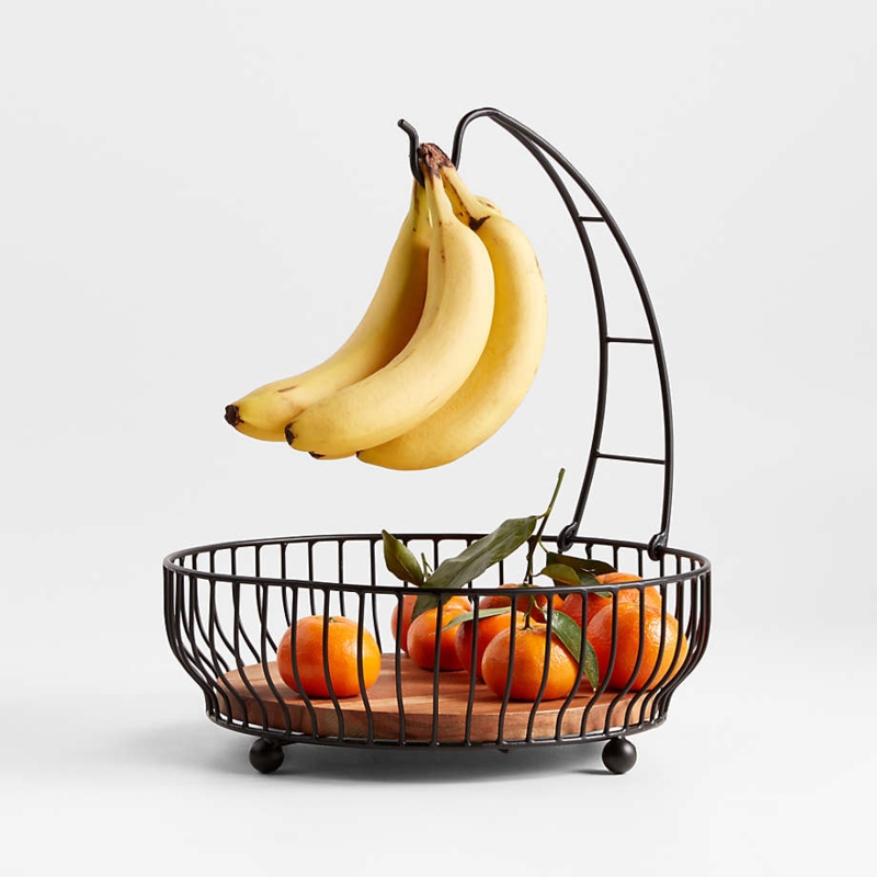 Fruit Bowl Stand Matte Black Wire Warm Wood Base Banana Hook