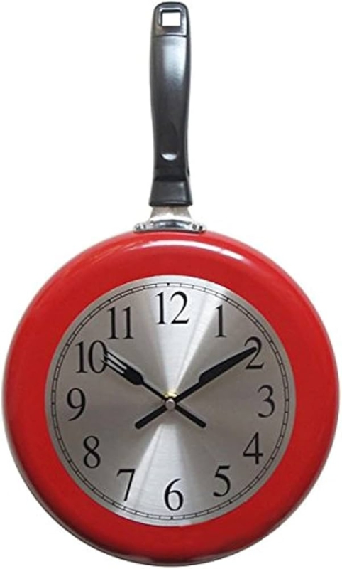 Frying Pan Wall Clock in Ruby Red with Knife And Fork Hands