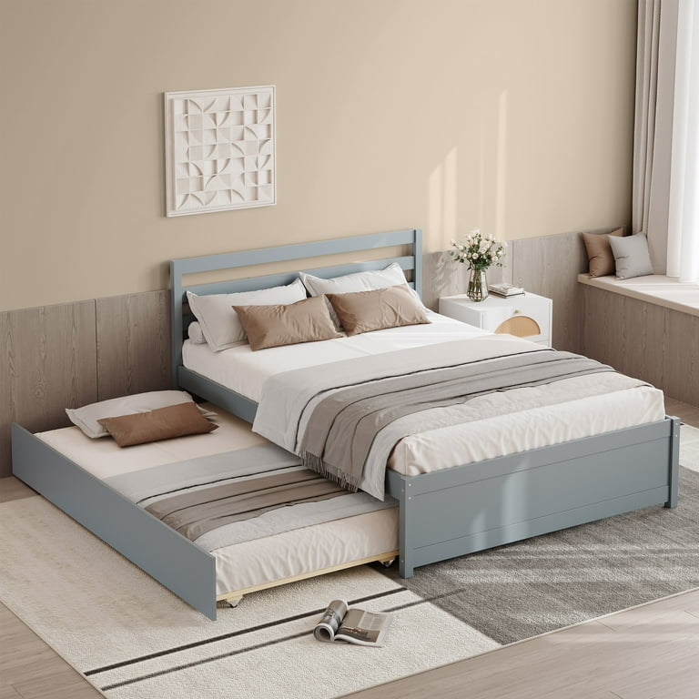Full Bed With Trundle Slate Gray Finish and Slatted Headboard