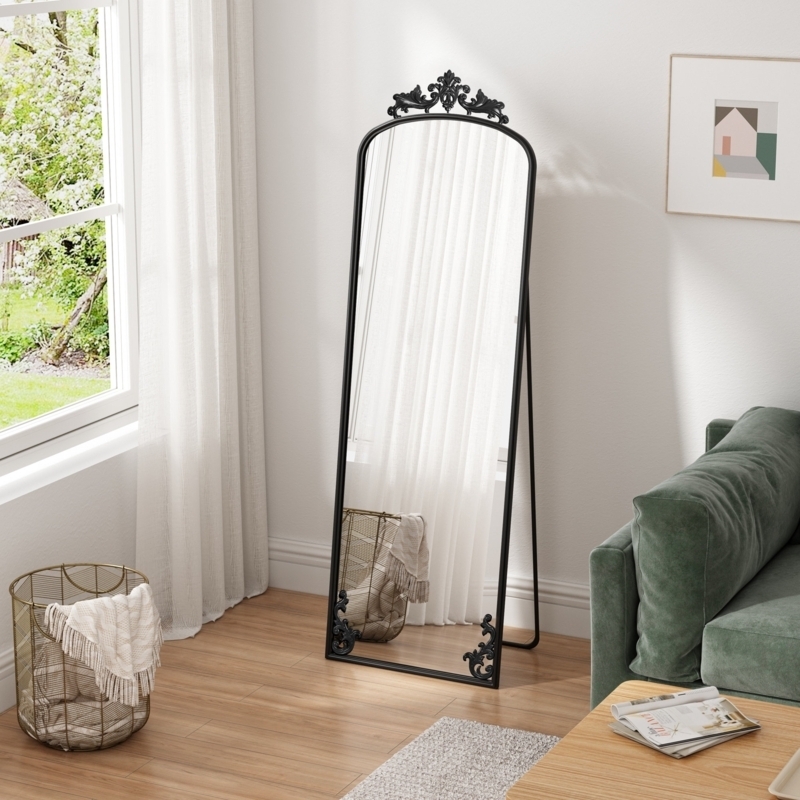 Full Length Floor Mirror Matte Metal Arched Ornate Scroll Easel Back Stand