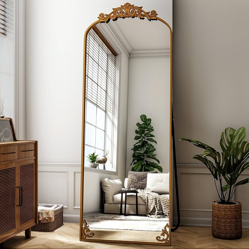 Full Length Mirror Arched Antique Bronze Carved Crest Bottom Scroll Accents