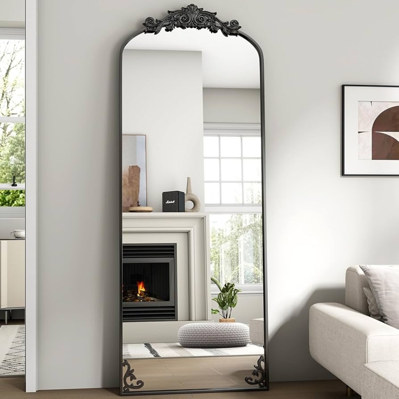 Full Length Mirror Arched Matte Black Carved Crest Bottom Scroll Accents